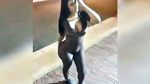 Peruvian Venca in tight black bodysuit shaking her big ass outdoors