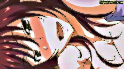 Blushing anime hentai girl with long dark hair and exposed breasts, aroused expression