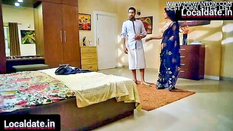 Indian bhabhi in blue saree tempts devar wrapped in towel