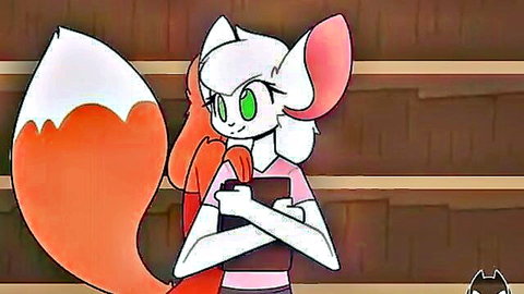 Cute white furry futanari holding book in library, pink outfit