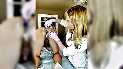 Blonde nurse shaves man's big cock, pubis, and anus on all fours