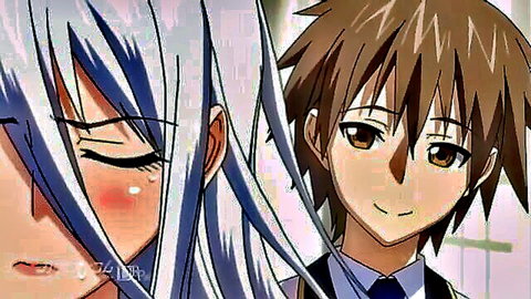 Blushing anime girl with long white hair in intimate close-up with smiling boy