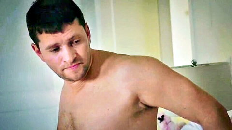 Shirtless muscular man with intense gaze in taboo daddy stepdaughter scene