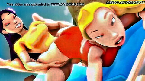 Nani and lifeguard in animated lesbian scissoring, big tits exposed