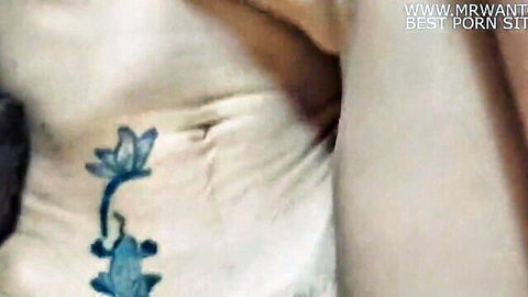 Skinny granny with blue lotus tattoo in quickie creampie scene