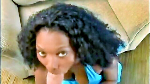 Ebony beauty with curly hair and full lips teasing POV blowjob in blue top