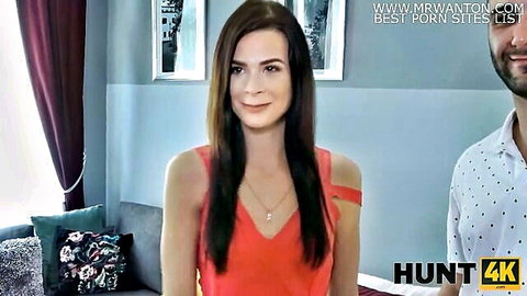 Jenny Doll slutty brunette in red dress with man in Hunt4K scene