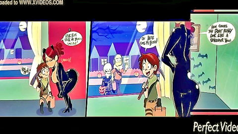 Cartoon redhead MILF mom in shiny latex catsuit bends over showing massive big ass to excited boy
