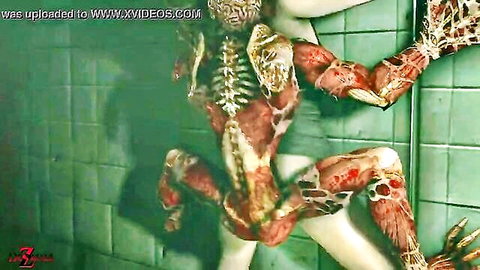 3D CGI horror monster with exposed skeleton muscles and ribs climbs green tiled shower wall