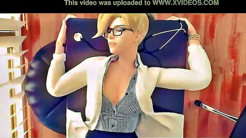 Blonde Overwatch Mercy in open blouse showing deep cleavage at office