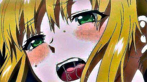 Blonde anime elder sister with green eyes in ahegao ecstasy, drooling