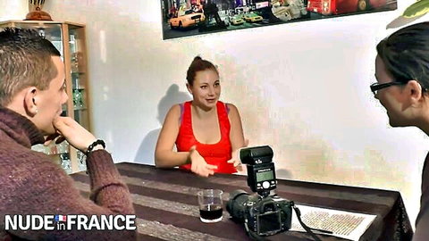 French brunette in red top with two men in amateur cuckold interview setup