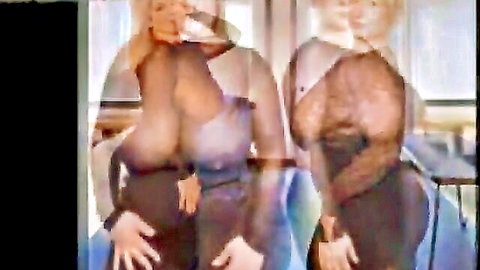 Busty blonde and brunette tease with huge tits spilling from sheer lingerie