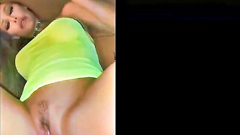 Tattooed brunette babe spreads wet shaved pussy wide open in sheer lime green top