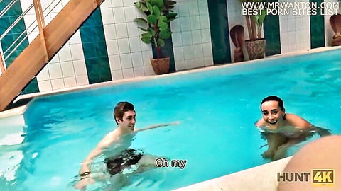 Young Caucasian couple in pool for cuckold quickie with rich hunter