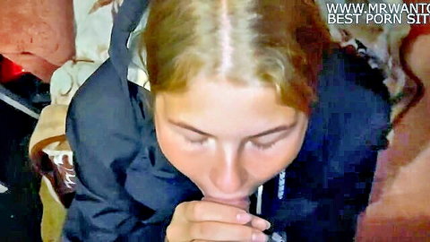 POV closeup of blonde teen in hoodie pursing lips during blowjob action