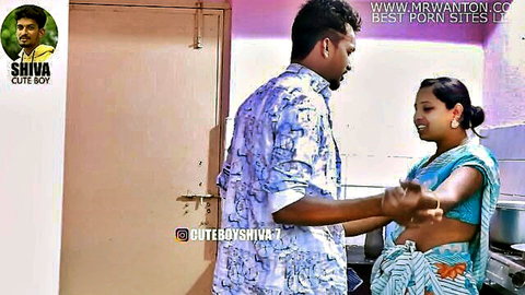 Telugu couple romantic embrace, man touching woman in blue saree
