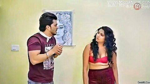 Indian couple in Asli Sukh Dhokha Hindi web series, busty woman in red bra and skirt