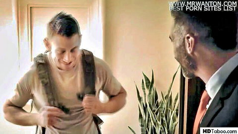 Young guy smiles at older suited daddy while lifting shirt in taboo encounter