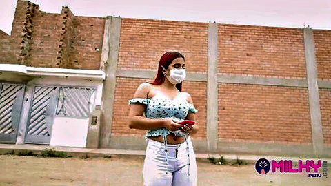Redhead Rosario in off-shoulder top and white pants caught on street, Milky Peru