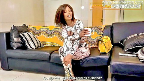 Skinny ebony beauty in snake print bodysuit during casting interview