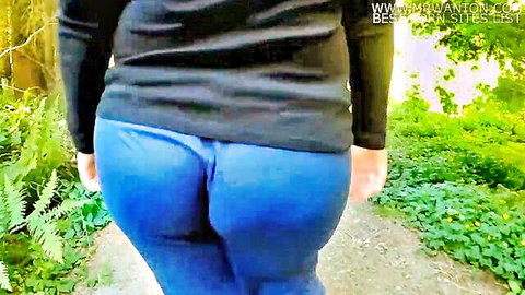 Curvy MILF with fat ass in tight blue wedgie pants walking public outdoors