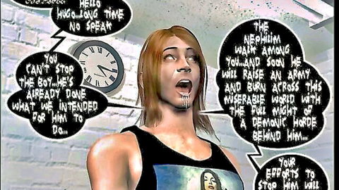 Redhead woman in black tank top in intense 3D comic scene, Desires of the Flesh