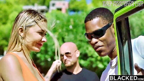 Sexy blonde Venera teases with two hung studs in outdoor Blacked scene