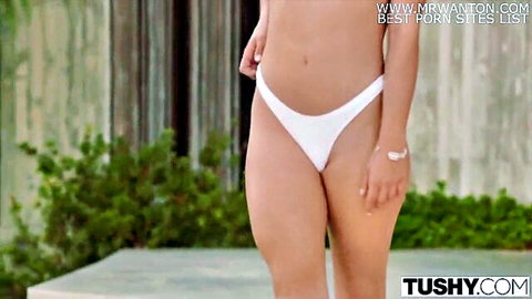 Anastasia in white high-cut bikini, teasing poolside anal fantasy