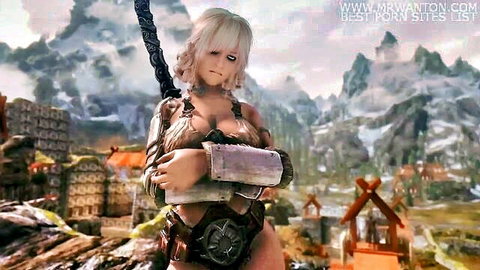 Blonde Potema in revealing Skyrim armor, fantasy warrior babe