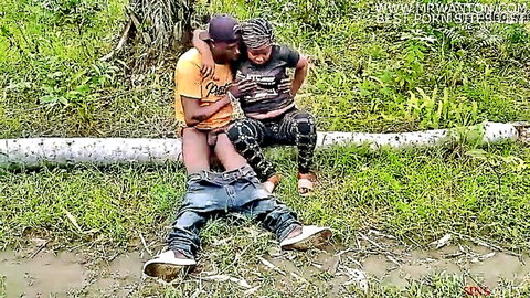 Two black guys in outdoor anal sex in woods, amateur gay fun