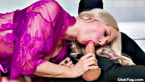 Sydney Paige blonde milf in purple lingerie gives intense blowjob and handjob