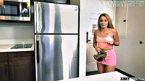Anna Mae in skimpy pink top and skirt, teasing in stepfamily fantasy