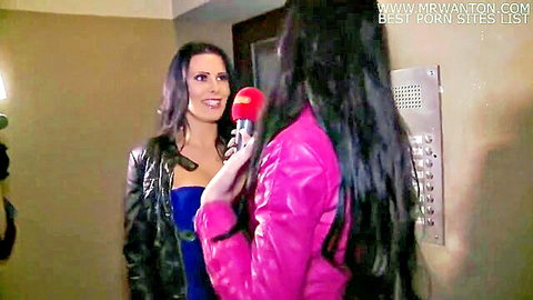 Sexy German brunettes in leather jackets during street interview