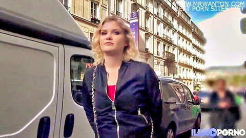 Blonde Samira in black leather jacket outdoors before threesome with Sophie