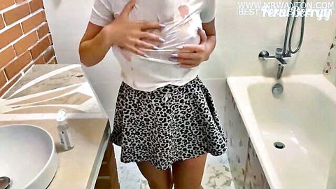 FeralBerryy teases in wet see-through shirt and leopard mini skirt