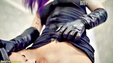 Purple-haired goth mistress in black dress and gloves dominates man in rough fetish scene