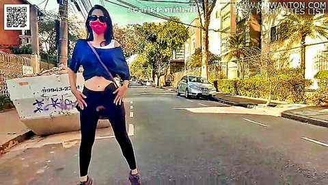 Girlfriend walks street with ripped black pants exposing pussy, amateur outdoor flash