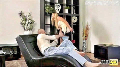 Petite blonde with small tits fucked doggystyle by old bald man skirt hiked up