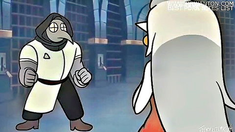 Muscular hentai plague doctor monster confronts sexy long-haired white girl from behind in dark library