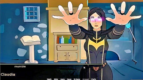 Claire in tight black batgirl suit raises hands palms out in dungeon library