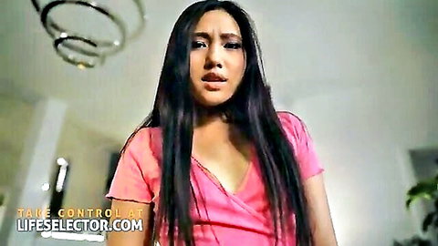 Asian beauty May Thai in pink wrap top, surprised look from Life Selector interracial fantasy