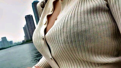 Busty Asian woman flashes huge tits cleavage in unbuttoned ribbed sweater by urban riverside skyline