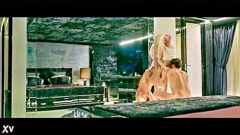 Blonde in white dress in intense MMF threesome with two studs