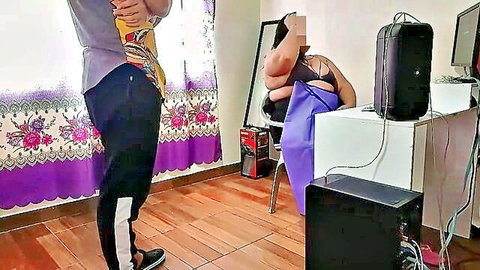 Curvy stepmom in black bra sits seductively while employee stands nearby in office tease