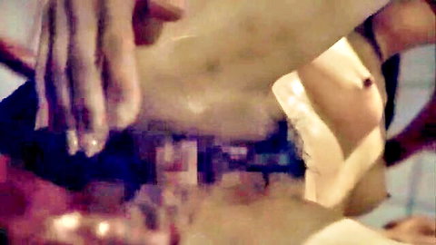 Hands squeezing woman's huge bare tits with visible hard nipples