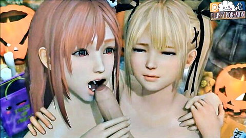 Pink-haired anime catgirl deepthroating massive cock held by blonde bunnygirl in Halloween 3D hentai