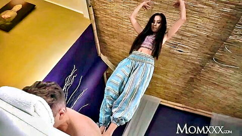 Asian MILF Suzie Q in Thai massage scene, harem pants and crop top