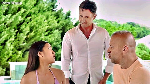 May Thai in pink bikini with two men by poolside, teasing DP threesome