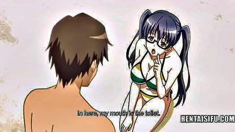 Anime girl in green bikini whispering to male coworker, hentai style